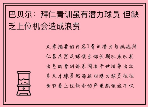 巴贝尔：拜仁青训虽有潜力球员 但缺乏上位机会造成浪费