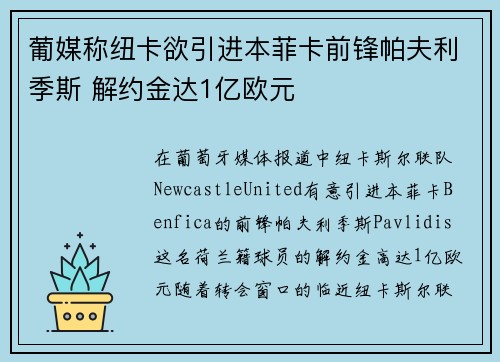 葡媒称纽卡欲引进本菲卡前锋帕夫利季斯 解约金达1亿欧元