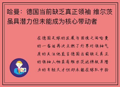 哈曼：德国当前缺乏真正领袖 维尔茨虽具潜力但未能成为核心带动者