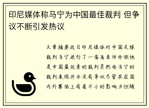 印尼媒体称马宁为中国最佳裁判 但争议不断引发热议
